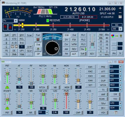 TRX-Manager rig control screen for IC-7100. Features are rig-dependent.